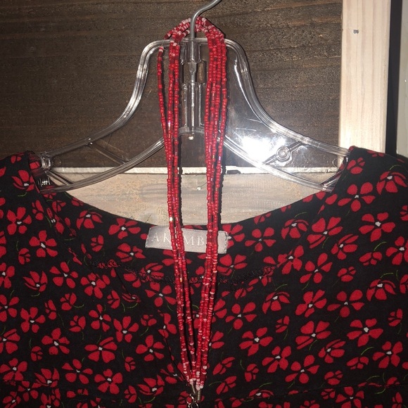 Red Necklace with beads and large silver pendant - Picture 3 of 7